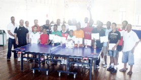 Prize winners and Malteenoes Sports Club and GTTA officials at the presentation ceremony of the Kenneth De Abreu Table Tennis League.