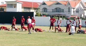 The West Indies team undergoing strength training at the Demerara Cricket Club ground in Queenstown yesterday. (Orlando Charles photo)