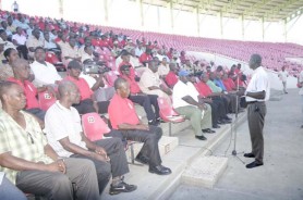 Assistant Commissioner of Police Paul Slowe addressing security personnel at the end of the one-day seminar yesterday at the Guyana National Stadium, Providence. (Orlando Charles photo)