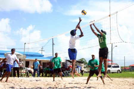 Action in the Aracari Beach Volleyball Classic tournament on Saturday. (Orlando Charles Photo)