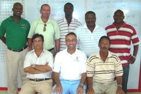 The new executive of the Lusignan Golf Club. From left (standing) Brian Hackett, William Walker, Gavin Todd, Mike Guyadin and Troy Peters. Sitting, from left, Esau Shamshudin, Lester Alvis and Patrick Prashad.