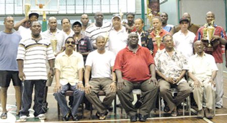 Participants along with members of the Guyana Police Force after the presentation ceremony. Commissioner of Police Henry Green, front row, centre, is flanked by Director of Sport, Neil Kumar and GTTA general secretary Godfrey Munroe while Attorney-at-Law Basil Williams and Georgetown Mayor Hamilton Green are at extreme left and right respectively.