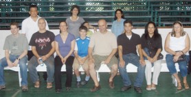 Part of the Canadian team after arriving in Guyana at the Cliff Anderson Sports Hall. Sitting from left are Matt Moody, Chris Troch, Tanya Hendriks, Ari Kurdu, Twana Kurdu and Ken Woon-A-Tai, who will be competing in the championships. Also in the photo is Eight Dan Master Frank Woon-A-Tai standing at left.   