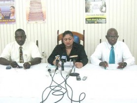 From left: Permanent Secretary, Ministry of Human Services and Social Services, Trevor Thomas; Minister of Human Services, Priya Manickchand and Public Relations Consultant, Alex Graham during the press conference at the Ministry’s boardroom yesterday. (GINA photo)