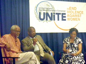President of the International Criminal Tribunal for Former Yugoslavia Judge Patrick Robinson (left) during a panel discussion with President of the International Criminal Tribunal for Rwanda Judge Charles Michael Dennis Bryon and Senior State Counsel, Office of the DPP, Trinidad and Tobago Kathy Ann-Waterman.