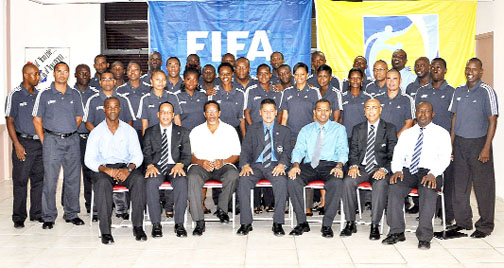 The participants including Minister of Sport, Dr. Frank Anthony, FIFA officials and CONCACAF’s Ramesh Ramdan at yesterday’s launching of the FIFA RAP programme at the Demerara Mutual Fire and Life Insurance Company building. (Orlando Charles Photo)