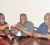 From left: President of the Fruta Conquerors Football Club, Marlon Cole, Steve Ninvalle, and President of Alpha United, Odinga Lumumba at the head table during yesterday’s meeting at the Waterchris Hotel (photo by Orlando Charles).  