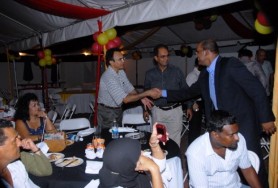 President Bharrat Jagdeo greets attendees at the PPP’s 60th anniversary dinner at the Princess Hotel. (GINA photo)