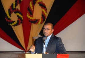 President Bharrat Jagdeo speaking at the PPP’s 60th anniversary dinner at the Princess Hotel (GINA photo)