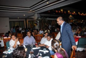President Bharrat Jagdeo sharing a light moment with attendees at the PPP’s 60th anniversary dinner at the Princess Hotel (GINA photo)
