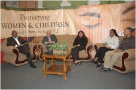 Minister of Human Services and Social Security, Priya Manickchand (centre), Head of the Domestic Violence Policy Unit, Abass Mancey (right), Hymwattie Lagan of the Women’s Affairs Bureau (second from right) and Patrick Findley of the Men Affairs Bureau (second from left) at the panel discussion. (GINA photo)
