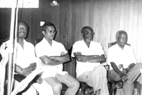 Winston Murray (second from left) at a pre-1992 PNC press conference. Also in photo from left are then Finance Minister Carl Greenidge, Foreign Minister Rashleigh Jackson and Legal Affairs Minister Keith Massiah