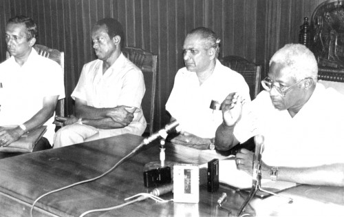 Winston Murray (left) at a pre-1992 PNC press conference. Also in photo second from left are Prime Minister Hamilton Green, PNC General Secretary Seeram Prashad and late President and party leader Desmond Hoyte. 