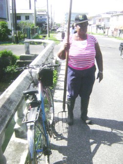 Donna Lewis after cleaning one half of the drain on Alexander Street and North Road on Thursday morning 