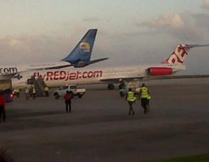 The first REDjet which touched down in Barbados yesterday. (Barbados Nation photo)