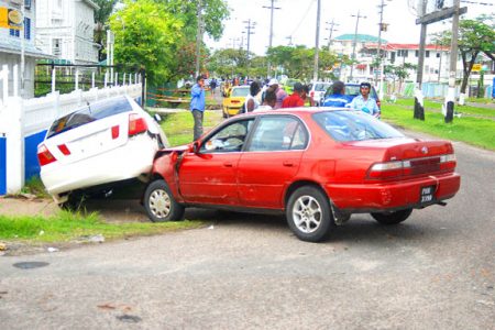 This accident yesterday at the corner of Camp and Middle streets left no one injured but two damaged vehicles which ended up outside of Christ Church Secondary. The drivers had conflicting stories to tell.