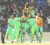 The Guyana team celebrates its pulsating two wicket win over the Combined Campuses and Colleges team last week in the West Indies Cricket Board’s Caribbean T20 tournament.