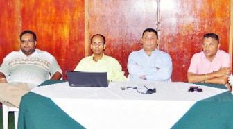  Members of the faction loyal to DCB Vice-president  Anand Sanasie at the press conference yesterday. From left are President of East Bank Cricket Association Rohan Sarjoo, PRO of DCB Rovin Stanley, DCB Secretary Raj Singh and DCB VP Anand Sanasie. (Orlando Charles photo