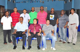 The new executive of the Demerara Cricket Board (DCB) after elections last evening at the Lusignan Community Centre. (Orlando Charles photo)  