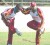 Ramnaresh Sarwan, right and Kemar Roach doing stretches yesterday. (Windiescricket.com) 