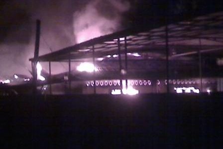 The factory ablaze last night