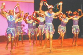 First place winner, Richard Ishmael Secondary School, during their performance, ‘The rhythm, the vibes, the culture of Mash’ during the Children’s Mashramani Competition yesterday at the National Cultural centre. (Jules Gibson photo)