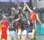 Charlestown and Glory Lights Secondary School players contest a rebound during their matchup in the Youth Basketball Guyana Challenge Series at the Cliff Anderson Sports Hall yesterday afternoon (Orlando Charles photo)