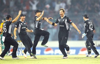 The Black Caps celebrate their march into the World Cup semi-finals.