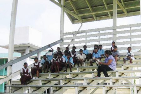 The Grade Four teacher with her students revising for a test in the pavilion