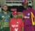 IN WONDERLAND! Xaviee Smith, centre, flanked by Pakistan captain Shahid Afridi, left and West Indies skipper Darren Sammy yesterday.