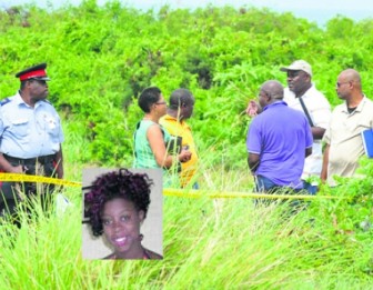 Detectives on the scene at Thyme Bottom yesterday where the body of Sharika Bishop (inset) was discovered. (Barbados Nation photo)