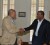 President Bharrat Jagdeo (right) greets former St Vincent and the Grenadines Prime Minister Sir James Mitchell (GINA photo)
