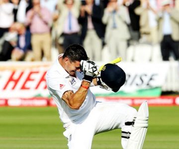 Kevin Pietersen celebrates after reaching his test double century at Lord’s yesterday.         	  