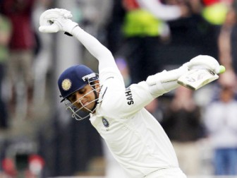 Rahul Dravid celebrates his test century yesterday.