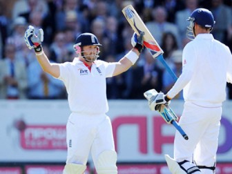VALUE PLUS! England wicketkeeper Matt Prior, who scored 71 in the first innings, celebrates his sixth test ton on yesterday’s fourth day of the first test match against India at Lord’s.
