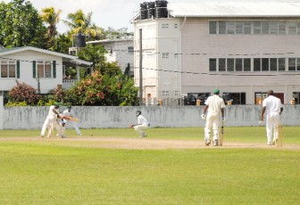 Sunil Ambris (at non striker’s end) and Larry Edward tried to rescue the Windwards from defeat against Jamaica. (Aubrey Crawford photo) 