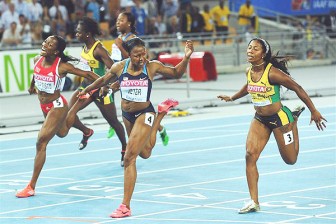 USA QUEEN! Carmelita Jeter wins the 100m yesterday beating Jamaica’s Veronica Campbell Brown and Trinidad’s Kelly Ann Baptiste into second and third respectively. (Photos IAAF website)