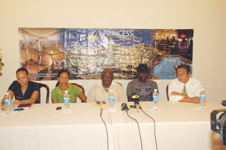 Members of the head table outline plans for the December 17 fight card at the Princess Hotel yesterday. In the photo from left are Sales Manager of Princess Nadine Hing, WIBA Bantamweight champion Shondell Alfred, CEO of Briso Promotions Seon Bristol, Guyana first boxing world champion Andrew Lewis and GCCB president Peter Abdool. (Aubrey Crawford photo)