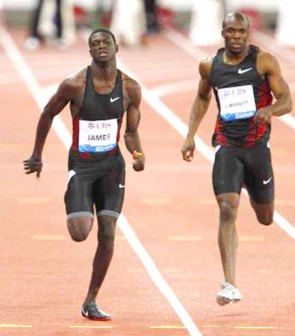 Kirani James (L) of Grenada and Lashawn Merritt of the U.S. compete in the men’s 400 metres event at the IAAF Diamond League athletics meeting at Letzigrund stadium in Zurich yesterday. REUTERS/Ruben Sprich