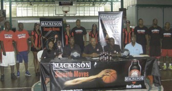 From left PRO of Ansa Mcal Darshani Yussuf, President of GABA David Patterson, Marketing Director of Ansa Mcal, Troy Cadogan, Vice President of LABA, Rawle Toney and President of Guyana Basketball Officals Council, Cecil Smith at yesterday’s launch (Orlando Charles photo)