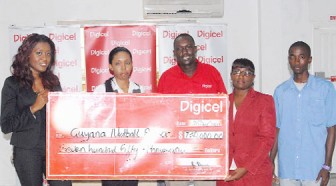 Presentation of cheque(Left to Right – Digicel’s PRO Shonette Moore, Christel Lambert Captain of Netball team, Gavin Hope, Shanomae Baptiste and Warren Winston. 