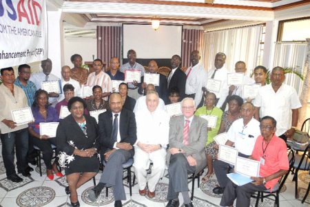In photo, mediators pose with Chancellor of the Judiciary, Justice Carl Singh; General Development Officer, USAID Guyana, William Gelman; Chief of Party, Governance Enhancement Project, Dickson Bailey; Mediation Coordinator, Supreme Court, Colin Chichester and their trainers.