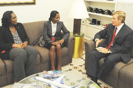 Ambassador Hardt during his meeting with Mignon Bowen and Simone Morris-Ramlall. (Photo courtesy of the US Embassy)
