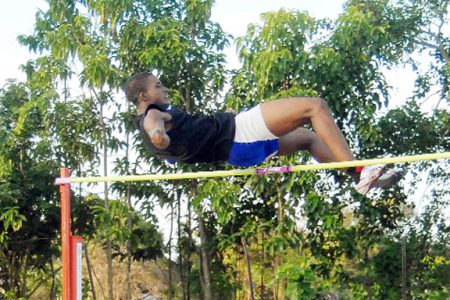 Neil Gordon displayed his leaping ability yesterday by winning the boys under-20 high jump event at the North Zone inter-zones event. (Orlando Charles photo)