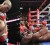 Chad Dawson lifts up Bernard Hopkins, left, while at right, Hopkins is almost half out of the ring after being slammed tot he canvas. (Fightnews photo)