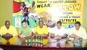 Members of the head table at the ‘Wear Yellow’ launch yesterday. Acting president of the GFF Franklin Wilson is flanked from right by Kashif Muhammed, Royston Raichpaul, John Maikoo and Aubrey ‘Shanghai’ Major. (Orlando Charles photo)  