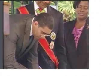 Andrew Holness being sworn in this afternoon (Jamaica Information Service photo)