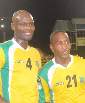 Guyana’s goal-scorers: (left to right) Leon Cort and Ricky Shakes (Orlando Charles Photo)
