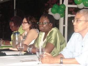 APNU women’s forum: Seated at the head table of the APNU women’s forum held last evening at the Georgetown Club are (left to right)  Chairperson of the evening’s proceedings Genevieve Allen, Sandra Granger, wife of APNU’s presidential candidate, Lurlene Nestor  and Red Thread women’s activist Karen De Souza. 