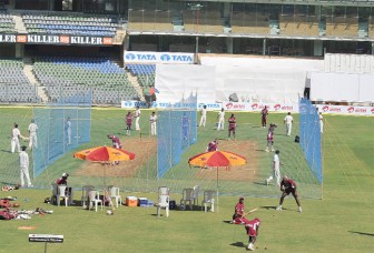 The West Indies team going through a net session at the Wankhede Stadium ahead of the start of today’s third and final test. (WindiesCricket.com)